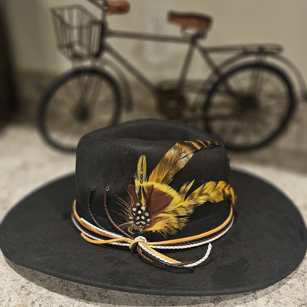 Black Wool Fedora Hat with Yellow Feather Accent